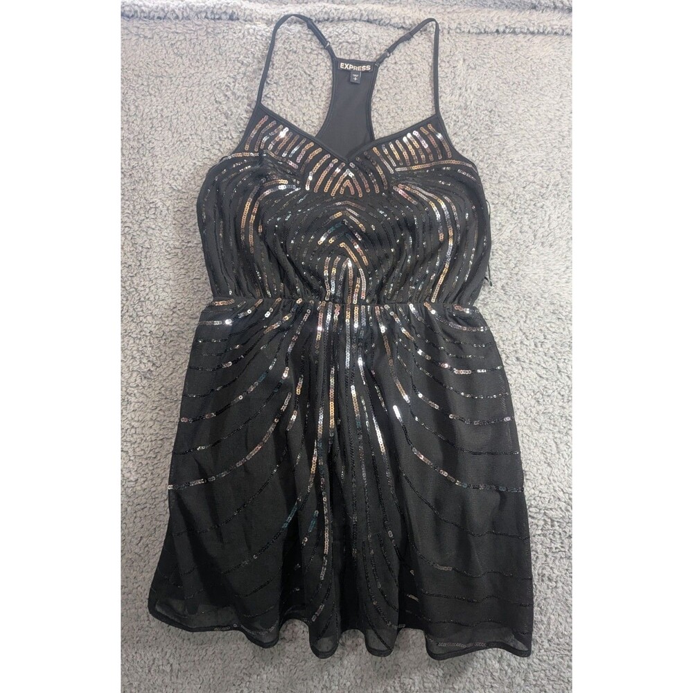 Express Sequin Dress Womens S Black Fit Flare Mini Sleeveless Party Cocktail